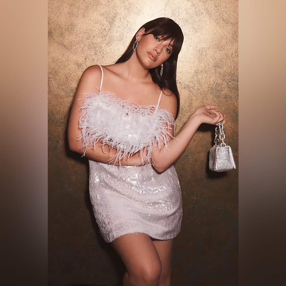 NWT Audrey Adele Adelaide Feather & Sequin Mini Dress White Bridal
